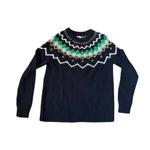 J Crew Blue Gold Green Fair Isle Wool Cotton Blend Knit Sweater Womens Small
